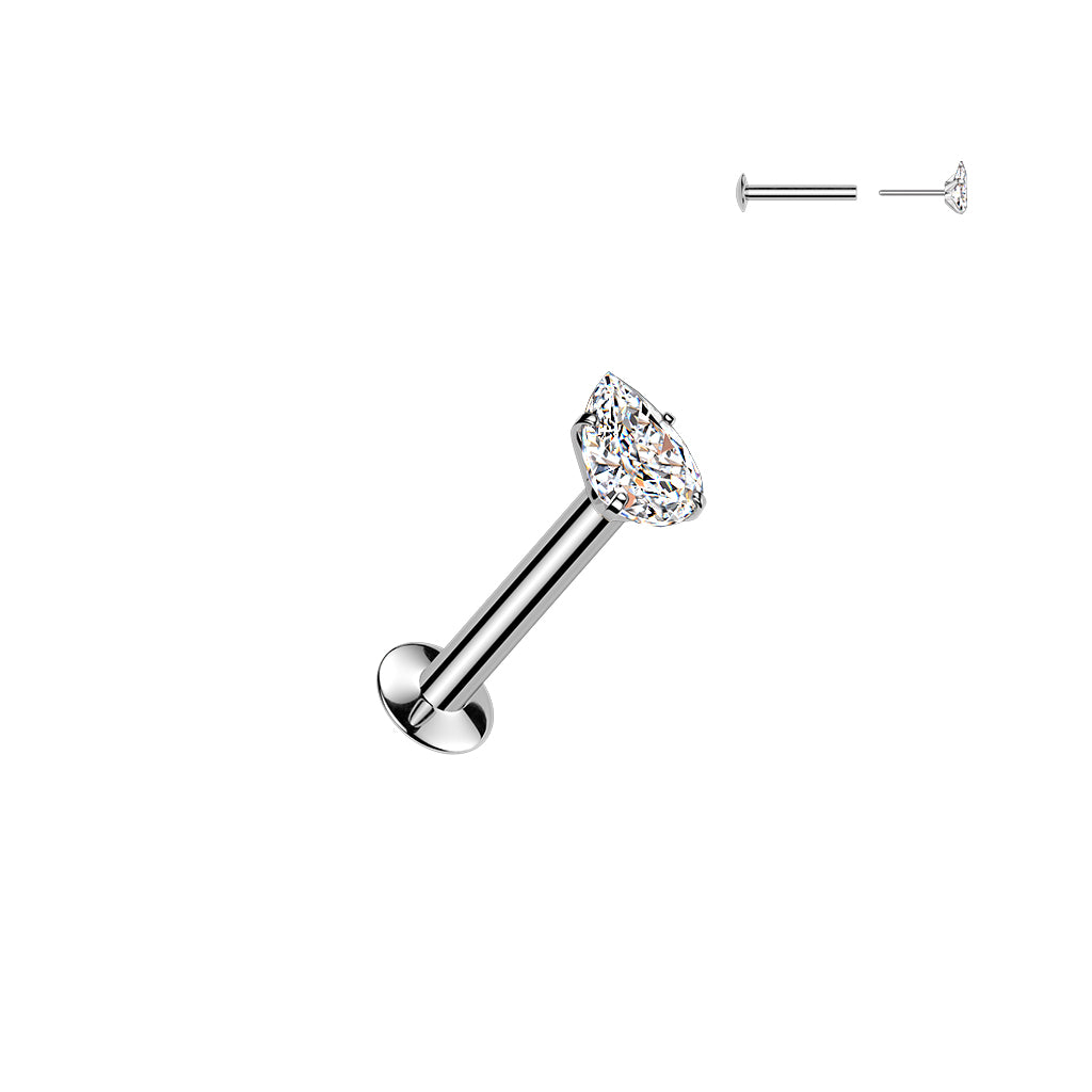 DAINTY CRYSTAL TEARDROP THREADLESS FLAT BACK LABRET STUD - 16 GAUGE - 8MM