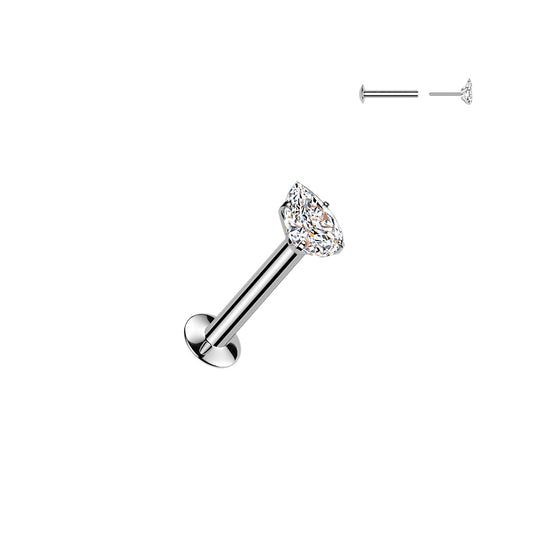 DAINTY CRYSTAL TEARDROP THREADLESS FLAT BACK LABRET STUD - 16 GAUGE - 8MM