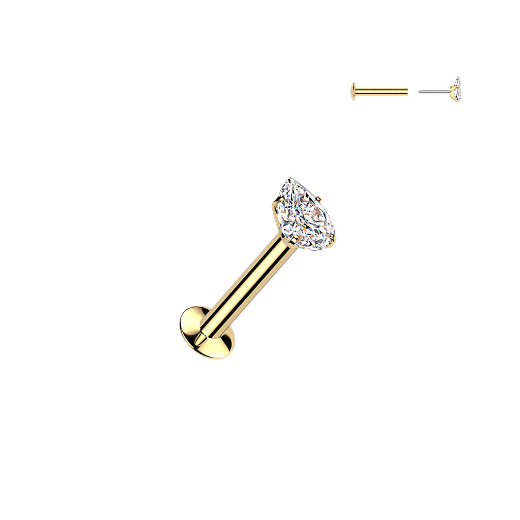DAINTY CRYSTAL TEARDROP THREADLESS FLAT BACK LABRET STUD - 16 GAUGE - 8MM