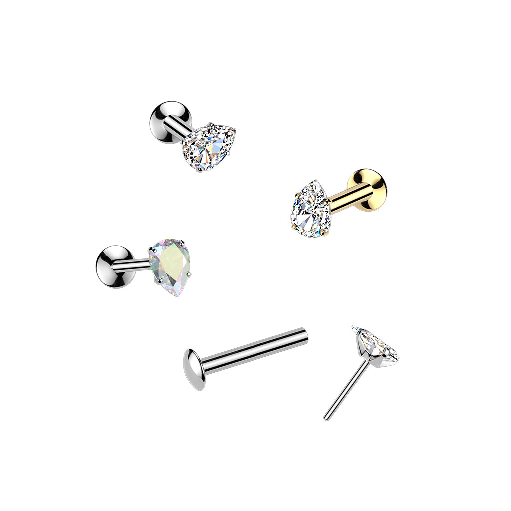 DAINTY CRYSTAL AURORA TEARDROP THREADLESS FLAT BACK LABRET STUD - 16 GAUGE - 8MM