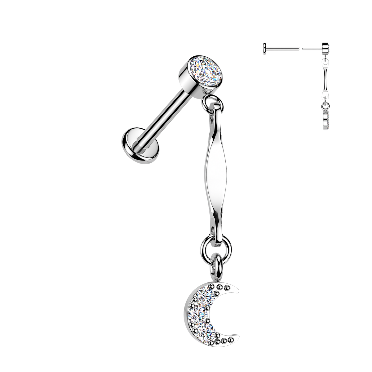SILVER CRYSTAL MINI DANGLY CHARM FLAT BACK LABRET STUD