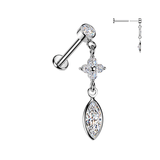SILVER CRYSTAL CLOVER & TEARDROP MINI DANGLY CHARM FLAT BACK LABRET STUD