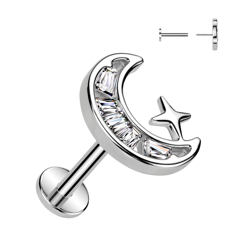 CRYSTAL MOON & MINI STAR THREADLESS FLAT BACK LABRET STUD -16 GAUGE - 8MM