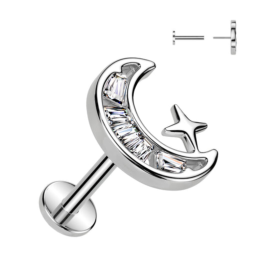 CRYSTAL MOON & MINI STAR THREADLESS FLAT BACK LABRET STUD -16 GAUGE - 8MM
