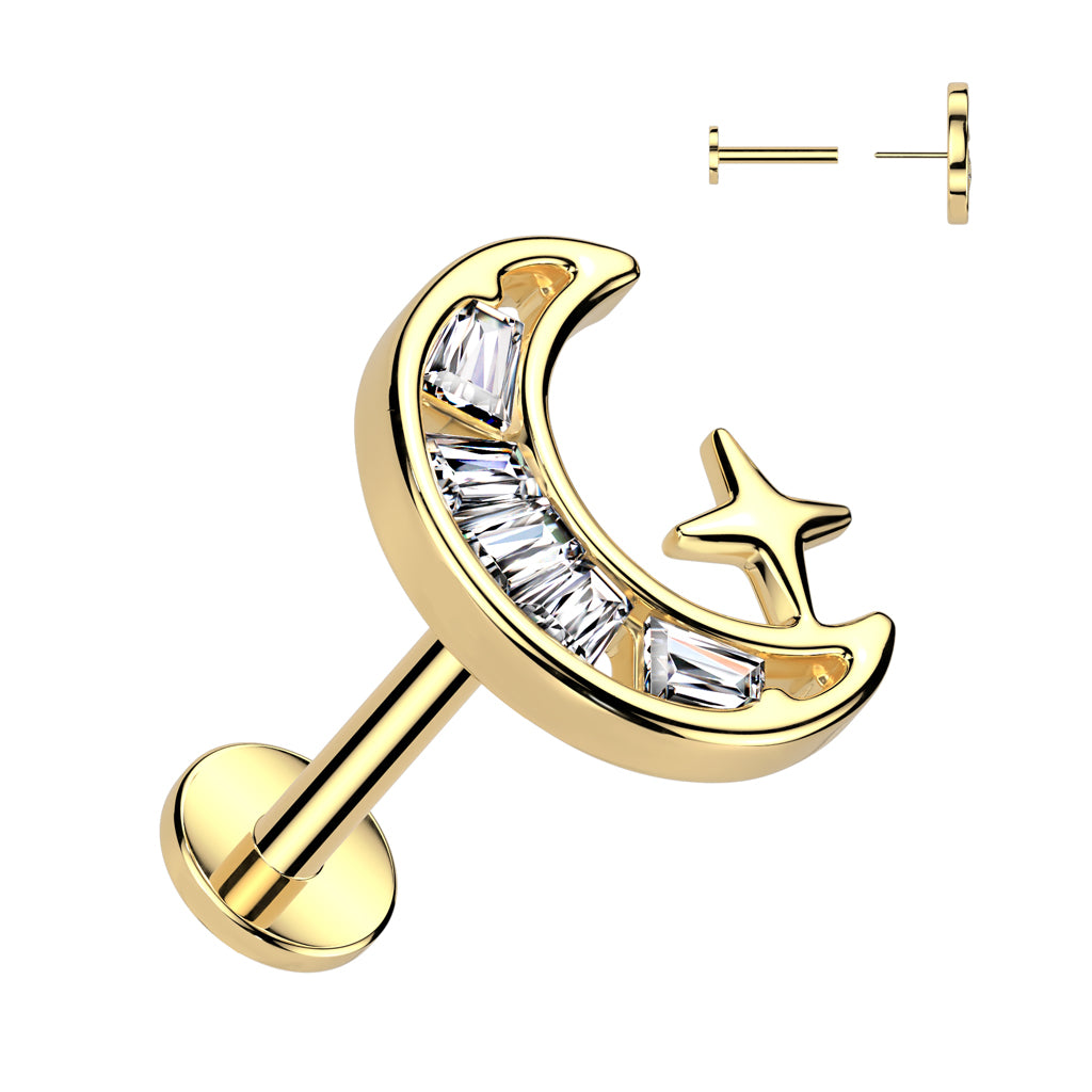 CRYSTAL MOON & MINI STAR THREADLESS FLAT BACK LABRET STUD -16 GAUGE - 8MM