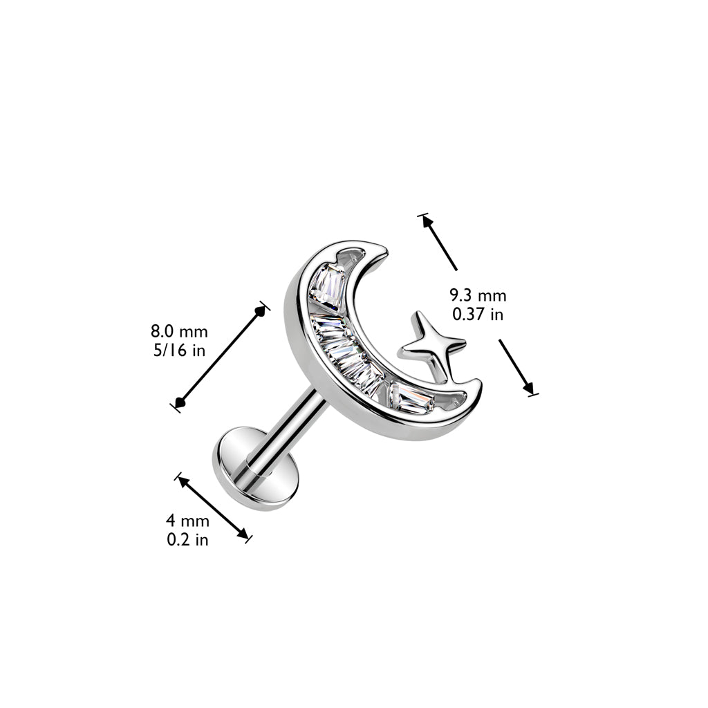 CRYSTAL MOON & MINI STAR THREADLESS FLAT BACK LABRET STUD -16 GAUGE - 8MM