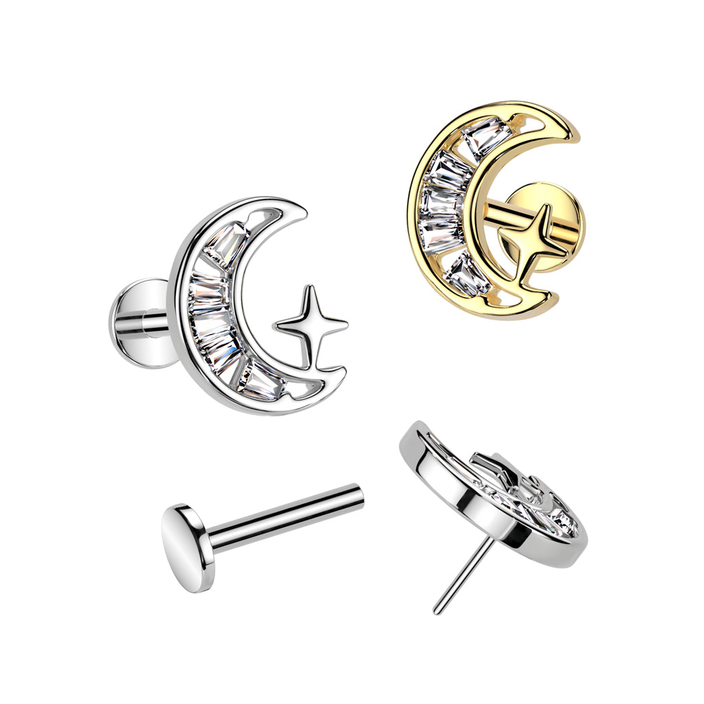 CRYSTAL MOON & MINI STAR THREADLESS FLAT BACK LABRET STUD -16 GAUGE - 8MM