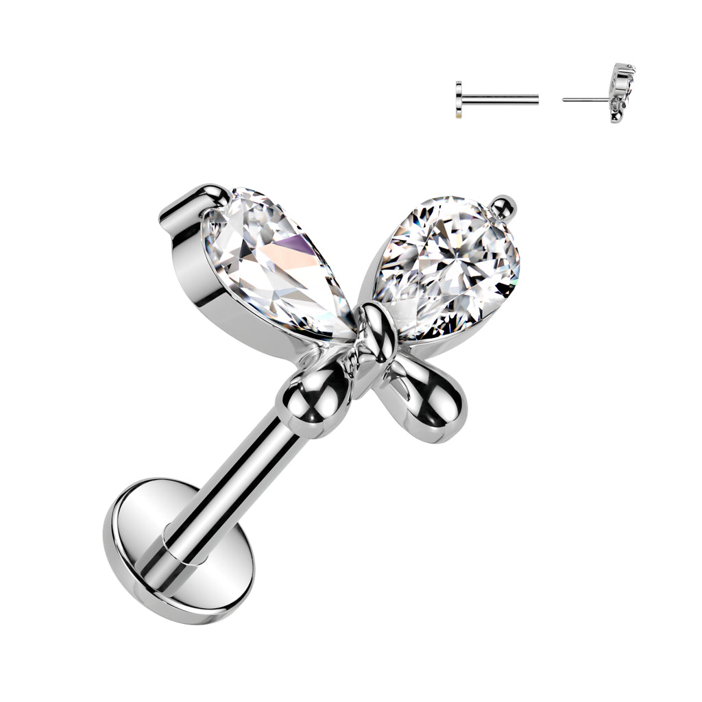 CRYSTAL BUTTERFLY THREADLESS FLAT BACK LABRET STUD -16 GAUGE - 8MM