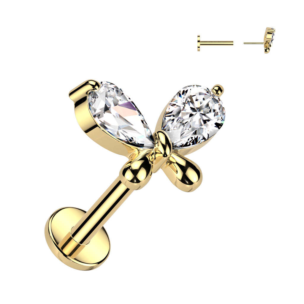 CRYSTAL BUTTERFLY THREADLESS FLAT BACK LABRET STUD -16 GAUGE - 8MM