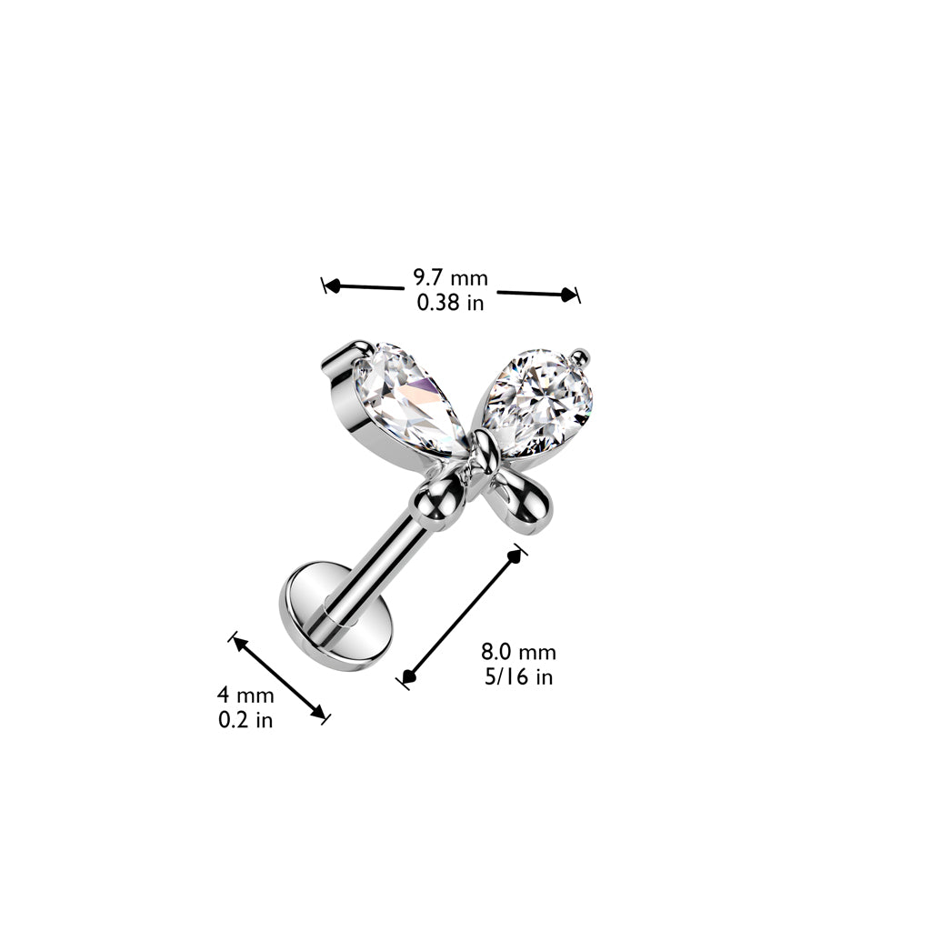 CRYSTAL BUTTERFLY THREADLESS FLAT BACK LABRET STUD -16 GAUGE - 8MM