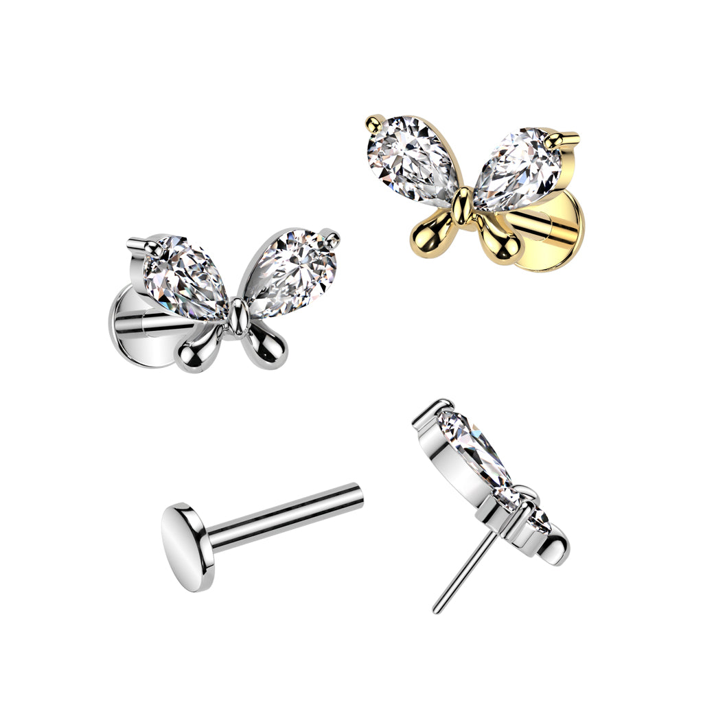 CRYSTAL BUTTERFLY THREADLESS FLAT BACK LABRET STUD -16 GAUGE - 8MM