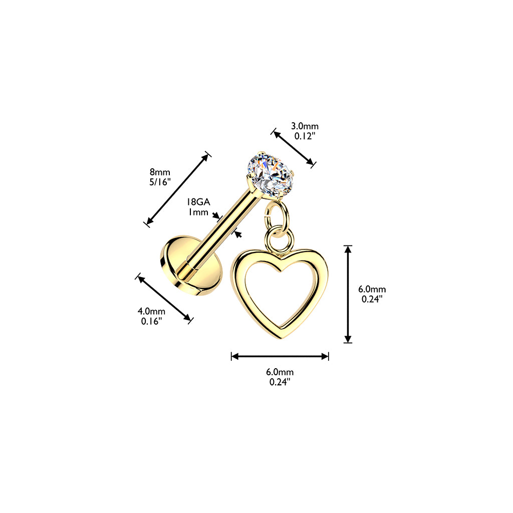 CRYSTAL LABRET WITH LOVE HEART CHARM - 16 GAUGE - 8MM THREADLESS
