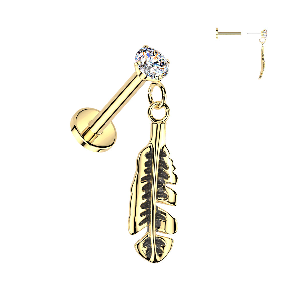CRYSTAL LABRET WITH FEATHER CHARM - 16 GAUGE - 8MM THREADLESS