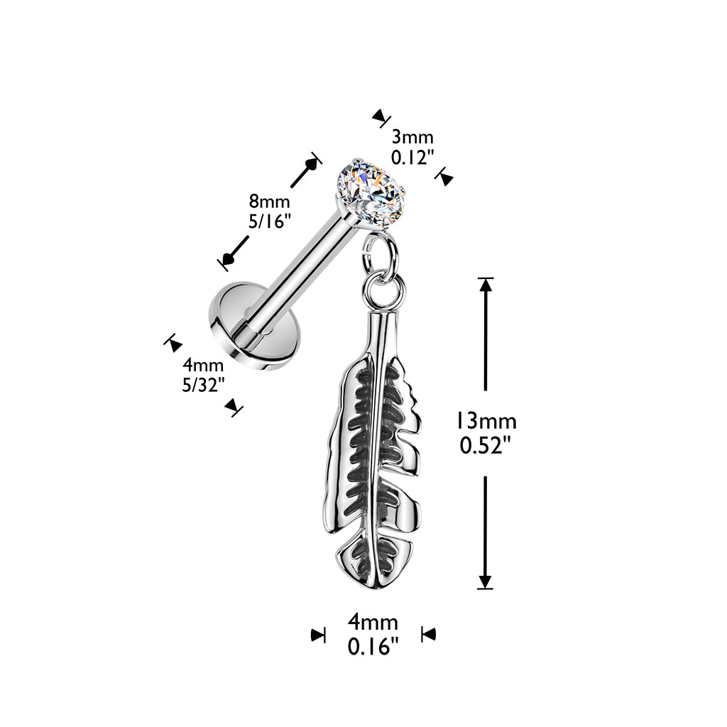 CRYSTAL LABRET WITH FEATHER CHARM - 16 GAUGE - 8MM THREADLESS