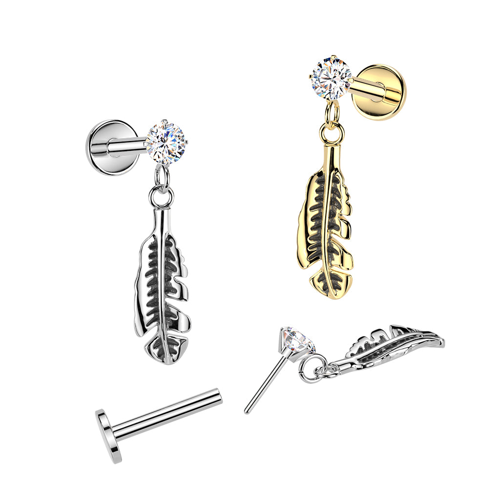 CRYSTAL LABRET WITH FEATHER CHARM - 16 GAUGE - 8MM THREADLESS