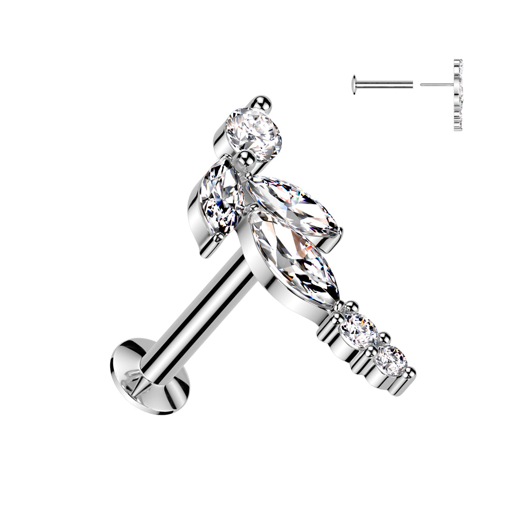 CRYSTAL CURVED CLUSTER THREADLESS FLAT BACK LABRET STUD -16 GAUGE - 8MM