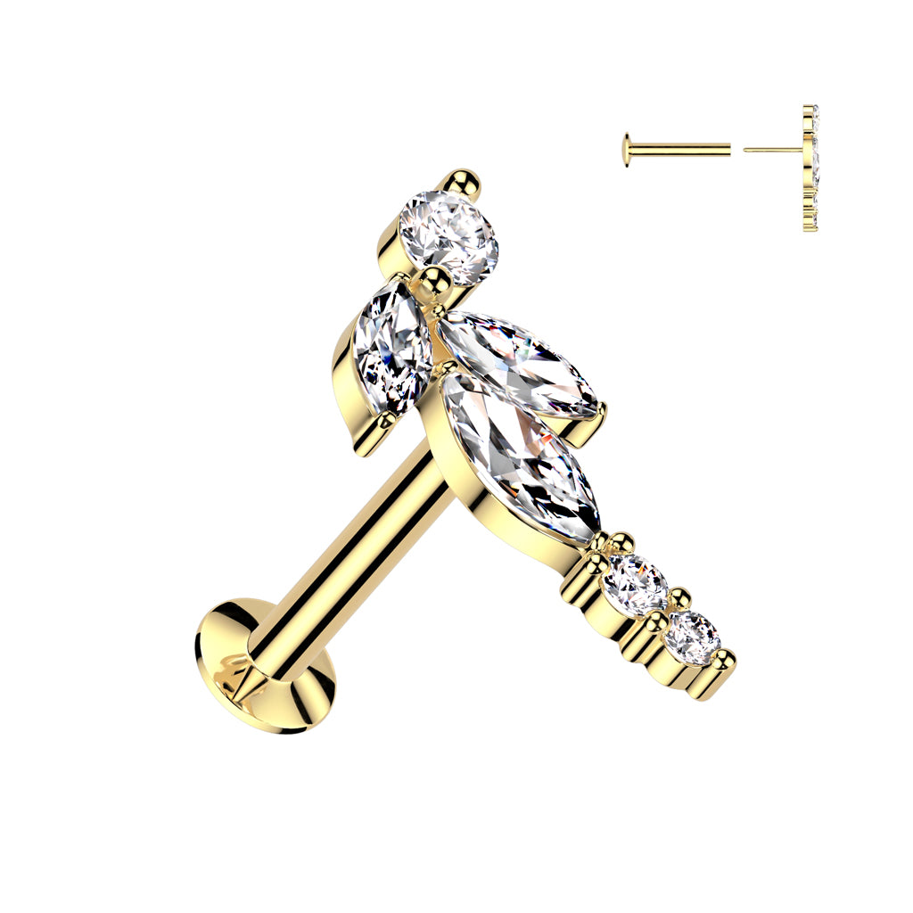 CRYSTAL CURVED CLUSTER THREADLESS FLAT BACK LABRET STUD -16 GAUGE - 8MM