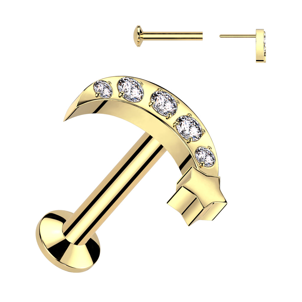CRYSTAL MOON AND MINI STAR FLAT BACK LABRET - THREADLESS - 16 GAUGE - 8MM
