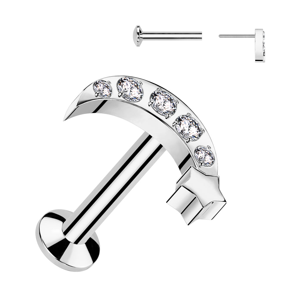 CRYSTAL MOON AND MINI STAR FLAT BACK LABRET - THREADLESS - 16 GAUGE - 8MM