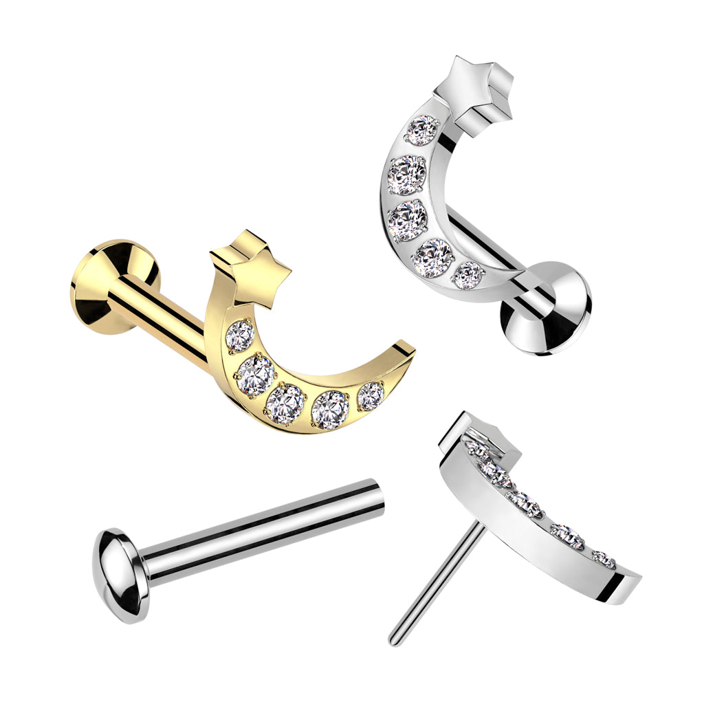 CRYSTAL MOON AND MINI STAR FLAT BACK LABRET - THREADLESS - 16 GAUGE - 8MM