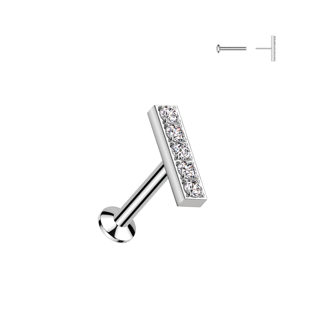 DAINTY LINED CRYSTAL BAR FLAT BACK LABRET- THREADLESS - 16 GAUGE - 6MM