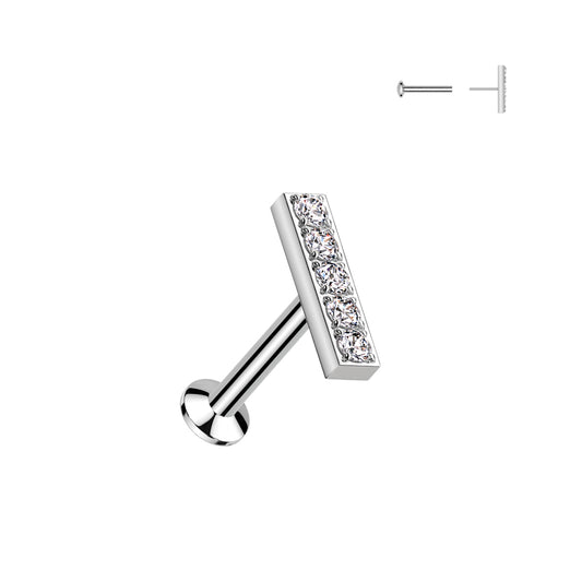 DAINTY LINED CRYSTAL BAR FLAT BACK LABRET- THREADLESS - 16 GAUGE - 6MM