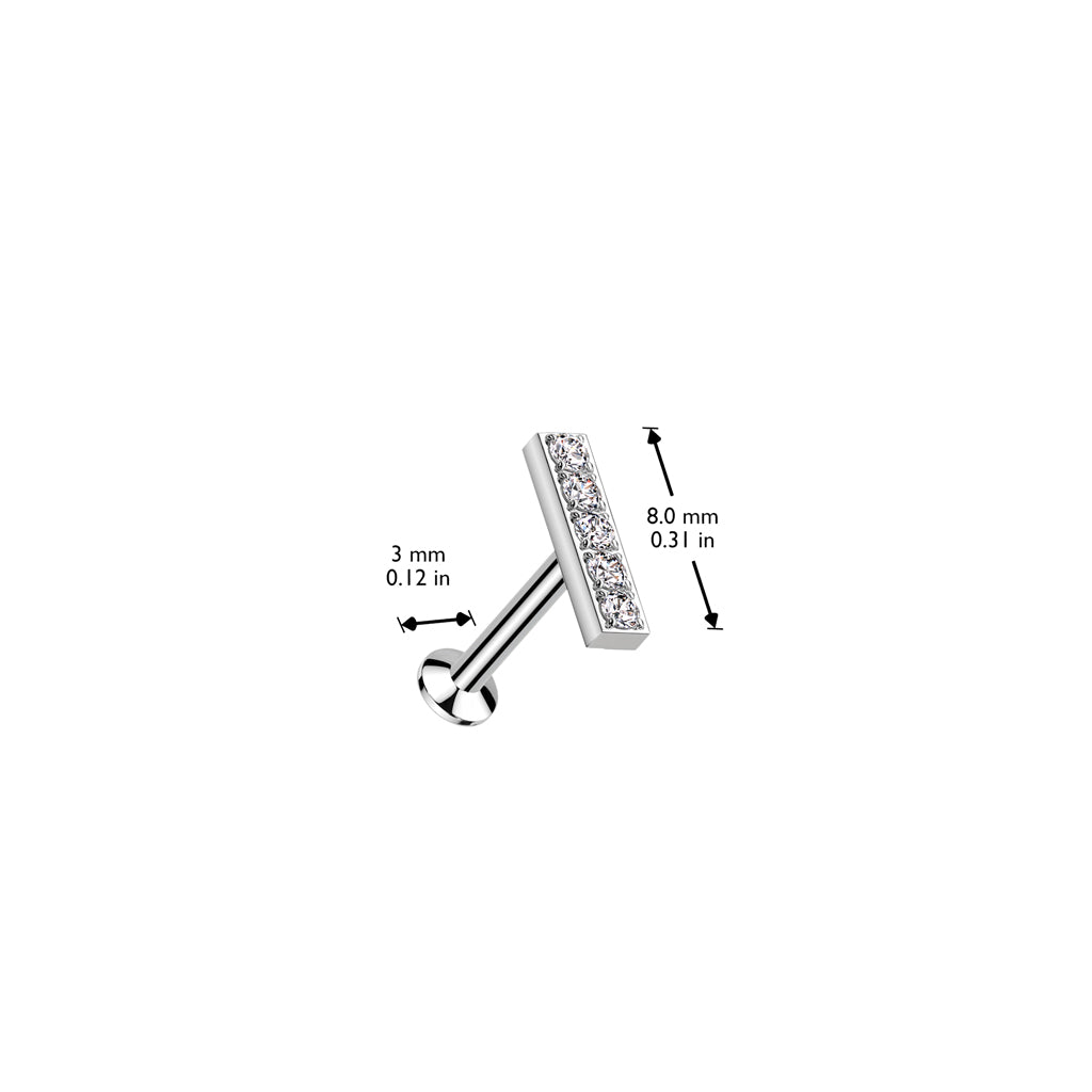 DAINTY LINED CRYSTAL BAR FLAT BACK LABRET- THREADLESS - 16 GAUGE - 6MM