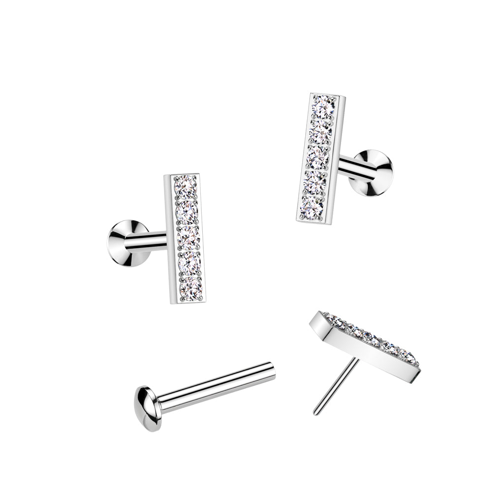 DAINTY LINED CRYSTAL BAR FLAT BACK LABRET- THREADLESS - 16 GAUGE - 6MM