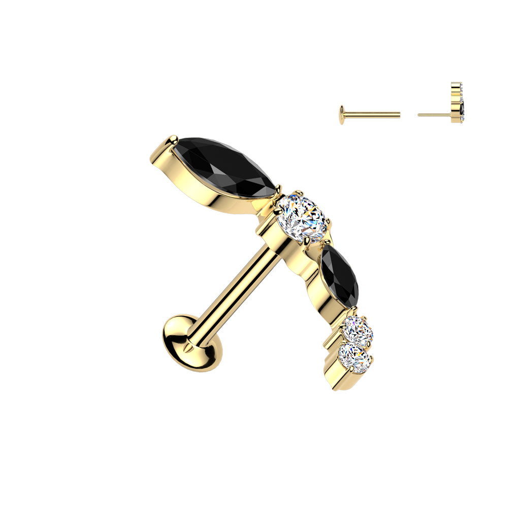BLACK & SILVER CUBIC ZIRCONIA DAINTY CRYSTAL LINED DAINTY THREADLESS FLAT BACK LABRET - 8MM - 16 GAUGE