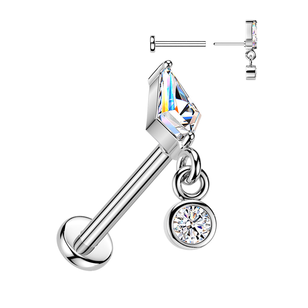PRINCESS CRYSTAL DANGLY CHARM FLAT BACK LABRET THREADLESS  - 8MM - 16 GAUGE