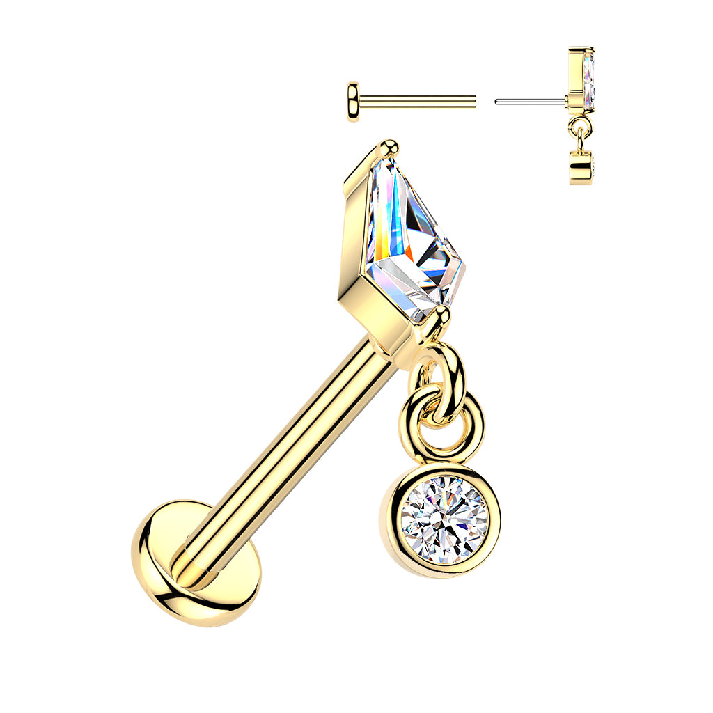 PRINCESS CRYSTAL DANGLY CHARM FLAT BACK LABRET THREADLESS  - 8MM - 16 GAUGE