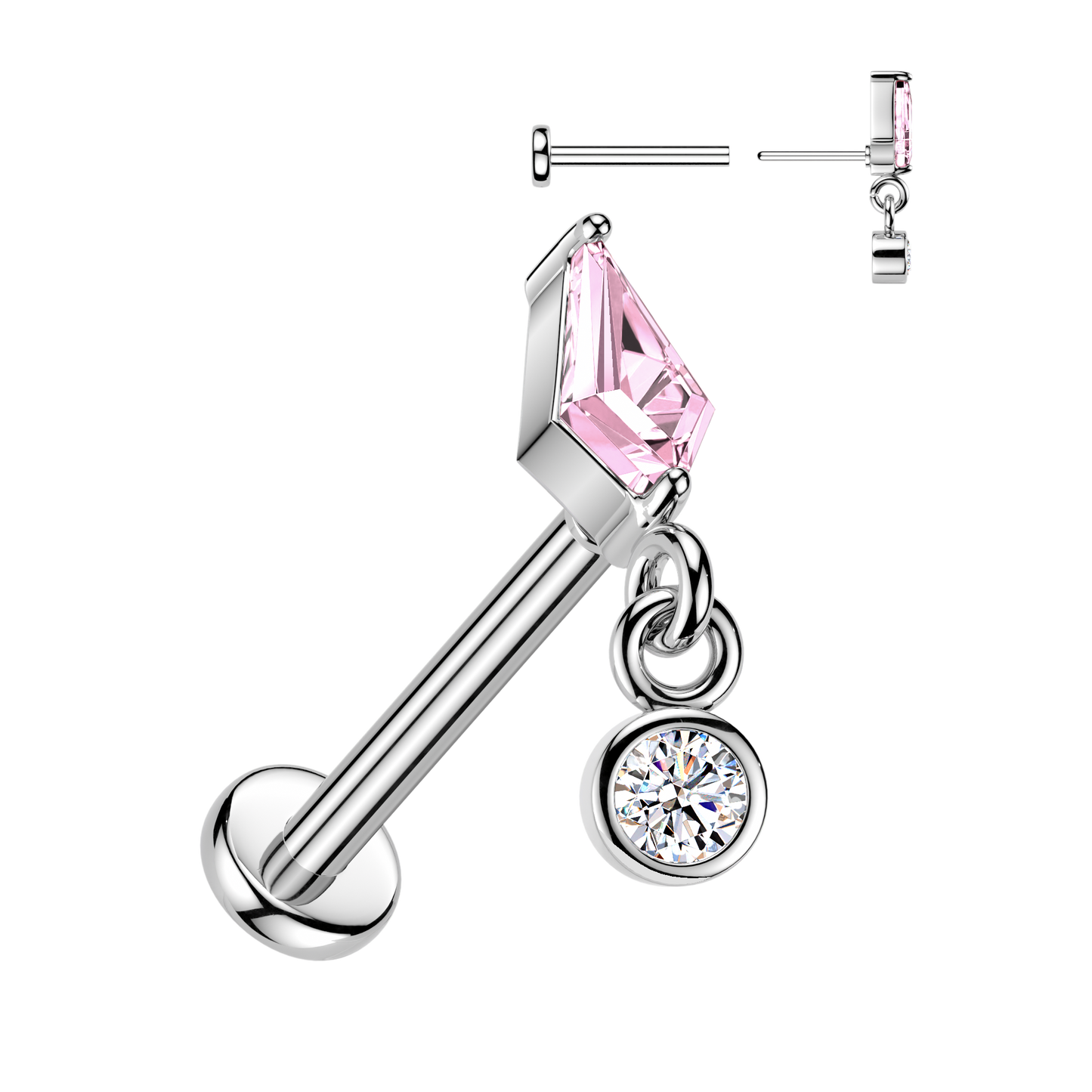 PINK CRYSTAL DANGLY CHARM FLAT BACK LABRET - THREADLESS - 16 GAUGE - 8MM