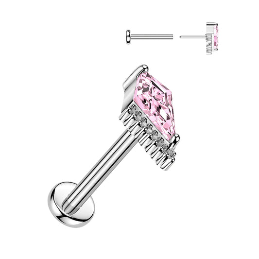 DAINTY PINK CRYSTAL KITE FLAT BACK THREADLESS LABRET - 16 GAUGE - 8MM