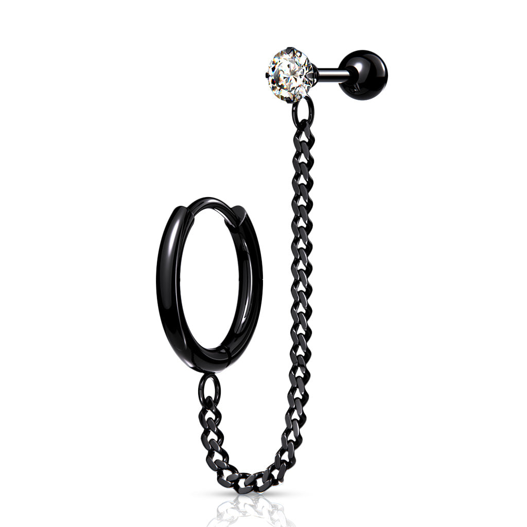 CLICKER HOOP & CRYSTAL 6MM BARBELL CHAIN LINKED CONNECTOR EARRING