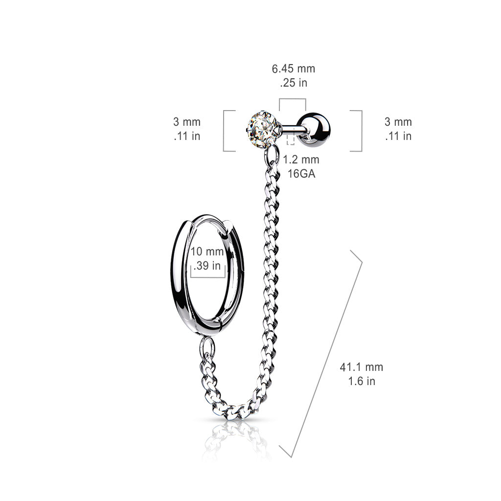 CLICKER HOOP & CRYSTAL 6MM BARBELL CHAIN LINKED CONNECTOR EARRING