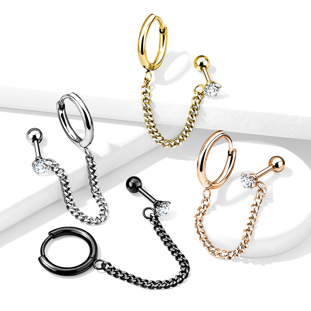 CLICKER HOOP & CRYSTAL 6MM BARBELL CHAIN LINKED CONNECTOR EARRING