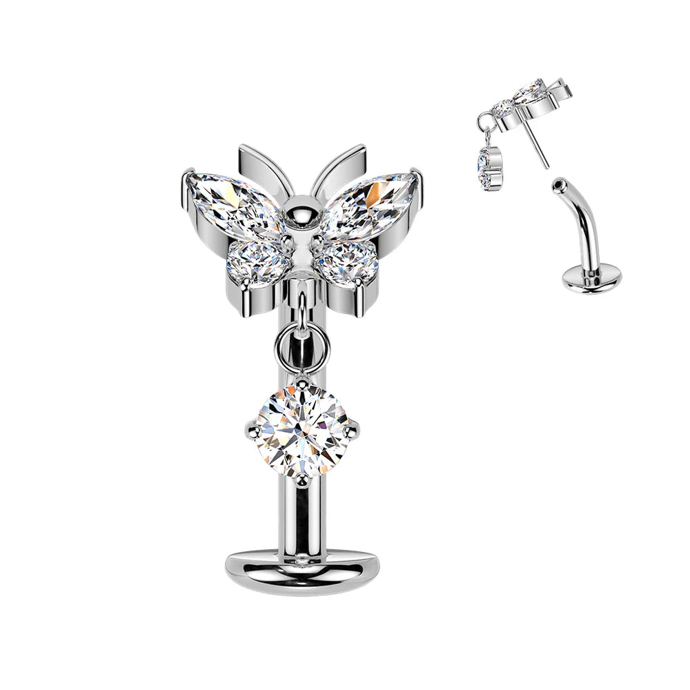 TITANIUM CRYSTAL BUTTERFLY FLOATING THREADLESS FLAT DISK BELLY BAR - 14 GAUGE - 10MM