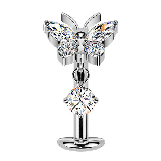 TITANIUM CRYSTAL BUTTERFLY FLOATING THREADLESS FLAT DISK BELLY BAR - 14 GAUGE - 10MM