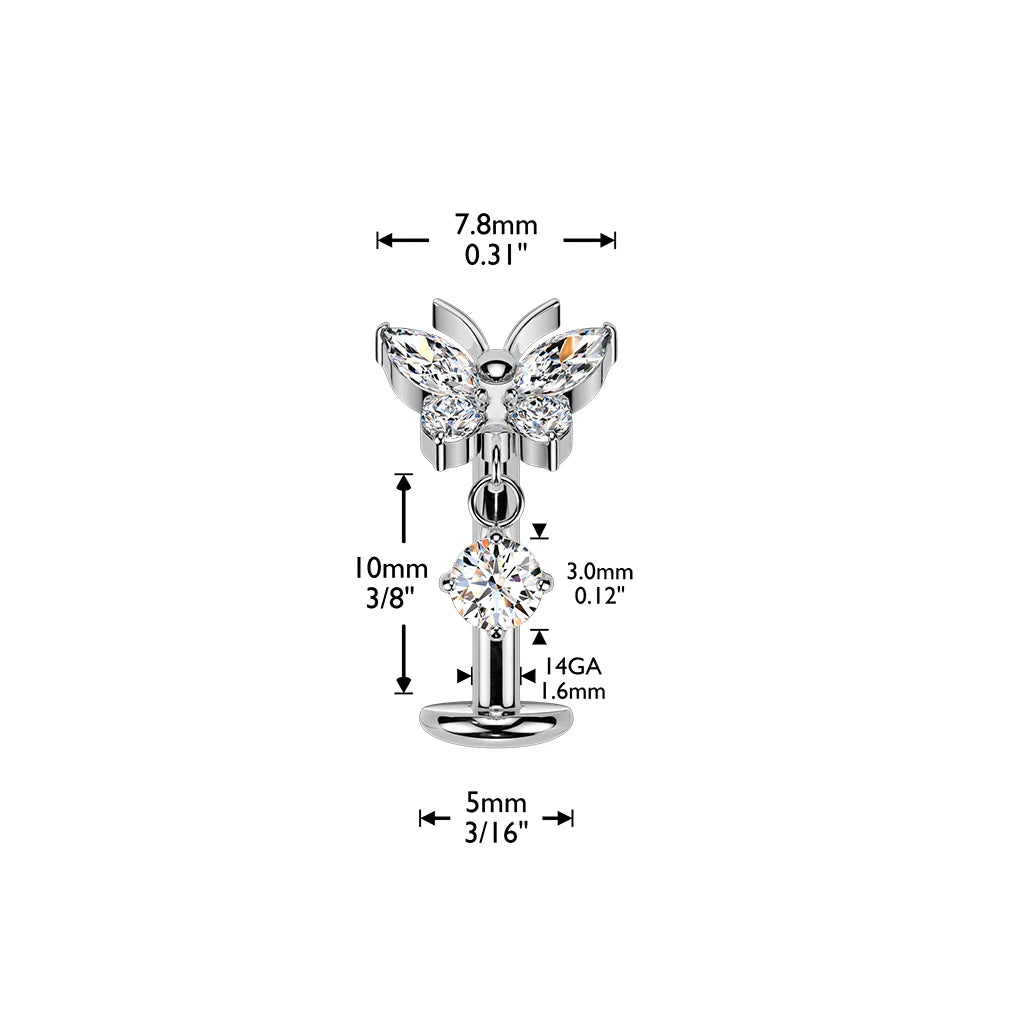 TITANIUM CRYSTAL BUTTERFLY FLOATING THREADLESS FLAT DISK BELLY BAR - 14 GAUGE - 10MM
