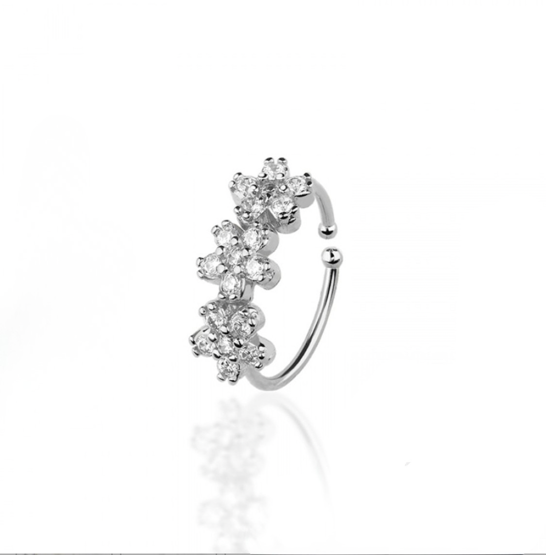 STERLING SILVER TRIPLE CRYSTAL FLOWER BENDABLE NOSE RING - 22 GAUGE - 8MM