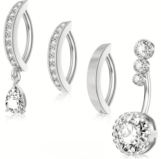 MULTI PACK OF 4 SILVER BELLY RING CLICKER HOOPS & BARS