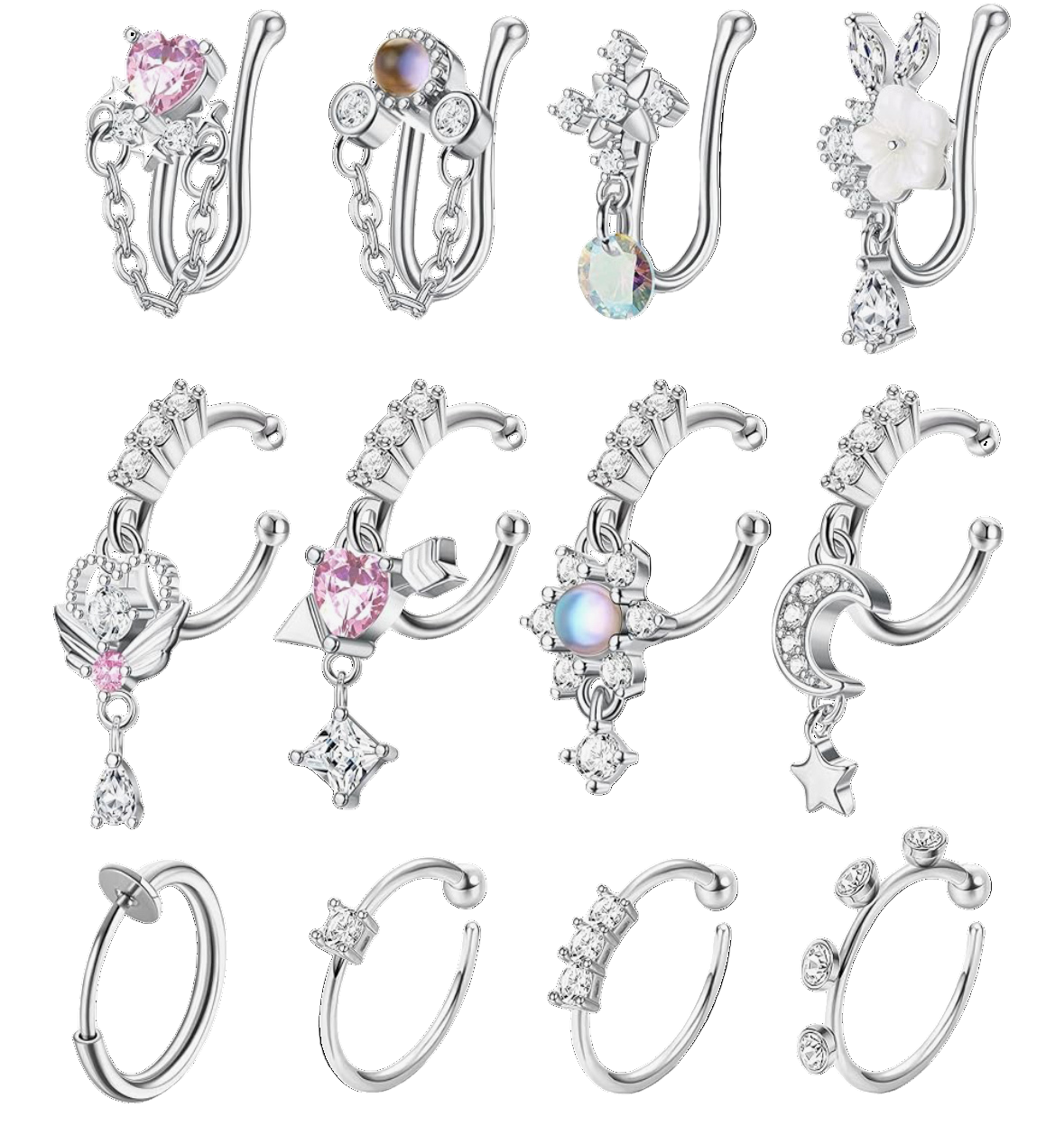 MULTI PACK OF 12  FAUX NOSE RINGS AND STUDS FOR NON PIERCED NOSE - NO PIERCING REQUIRED