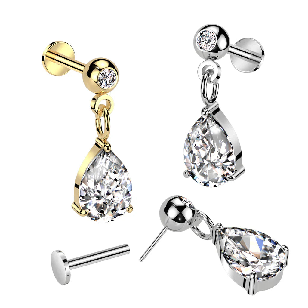 CRYSTAL TEARDROP CHARM FLAT BACK THREADLESS FLAT BACK LABRET - 8MM