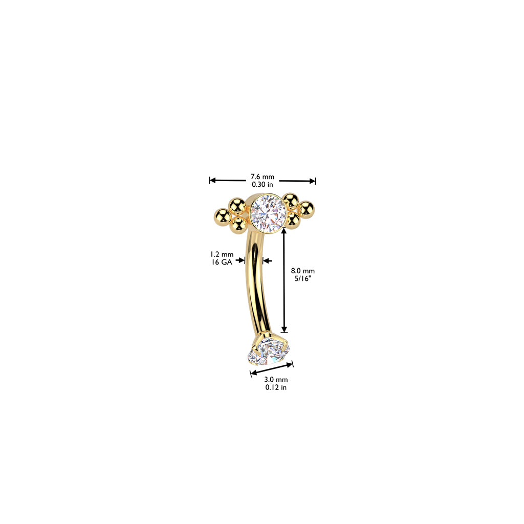 TITANIUM CRYSTAL & BEADED CLUSTER CURVED BARBELL - 8MM