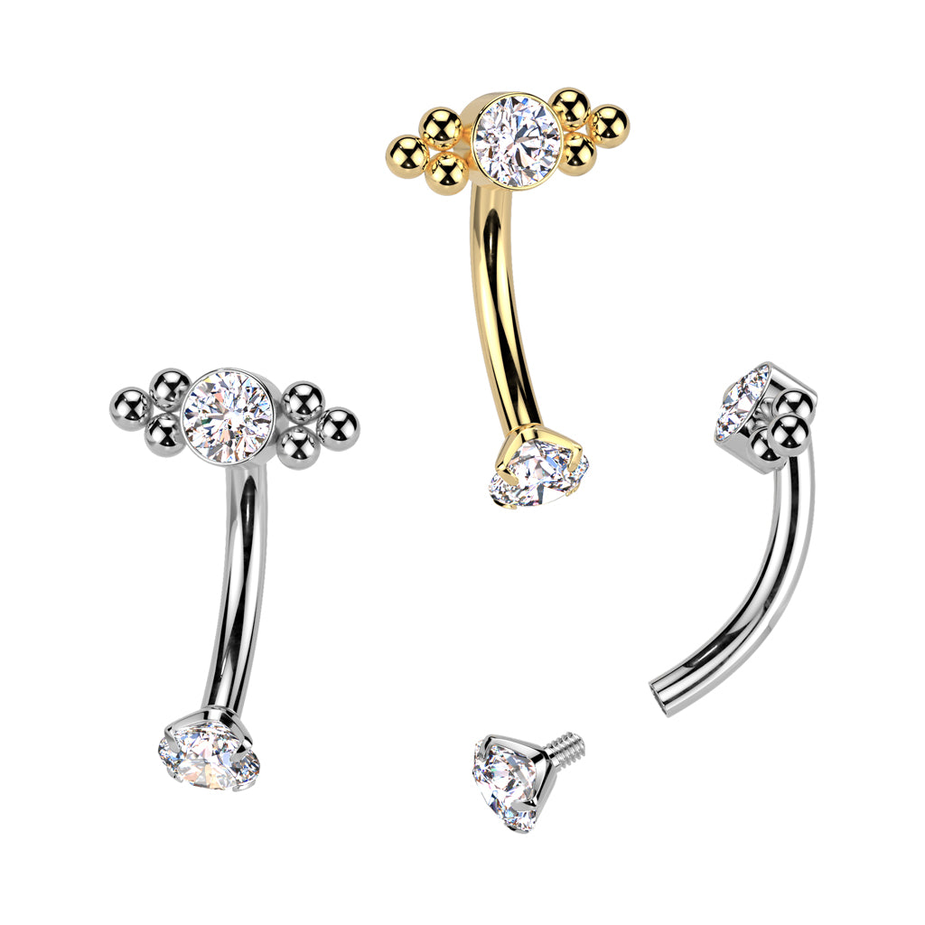 TITANIUM CRYSTAL & BEADED CLUSTER CURVED BARBELL - 8MM