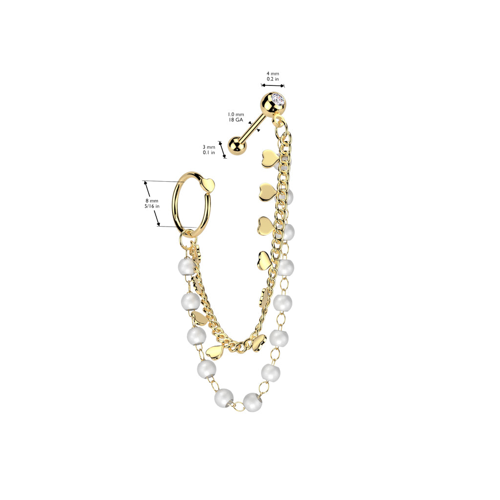 MINI HEART & PEARL HOOP & BARBELL CHAIN CONNECTOR EARRING