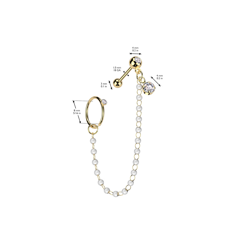 DIAMANTÉ CRYSTAL & PEARL HOOP & BARBELL CHAIN CONNECTOR EARRINGS