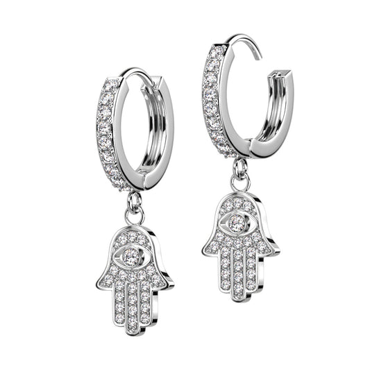 CRYSTAL HAMSA DANGLE CHARM HOOP EARRINGS