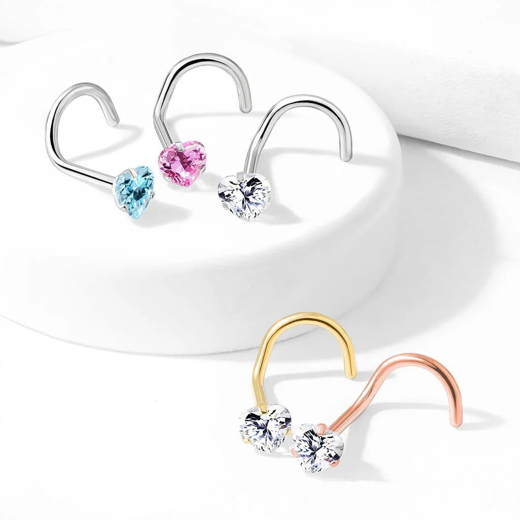 MINI CRYSTAL HEART CORKSCREW NOSE STUD - 6MM