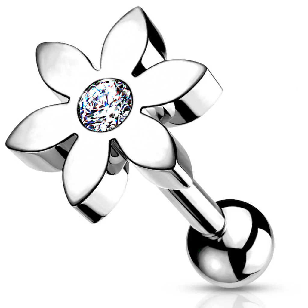CUTE FLOWER WITH CRYSTAL CENTRE BARBELL STUD